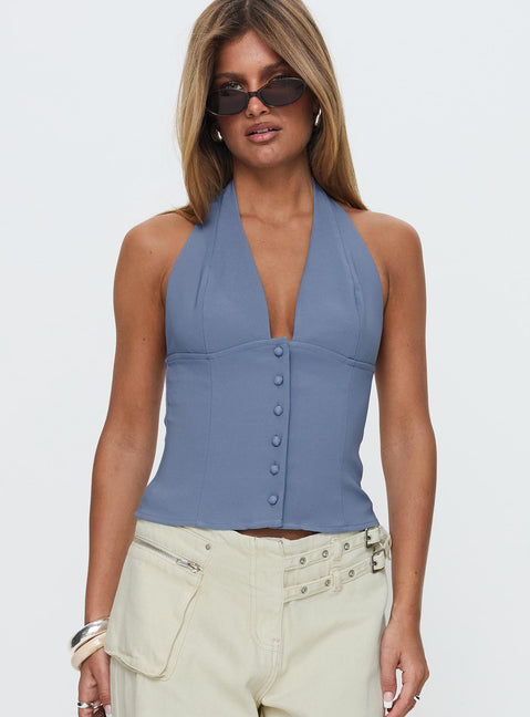 front view of model wearing Princess Polly Serefina Halter Top Blue Slate Sleeveless Plunger 