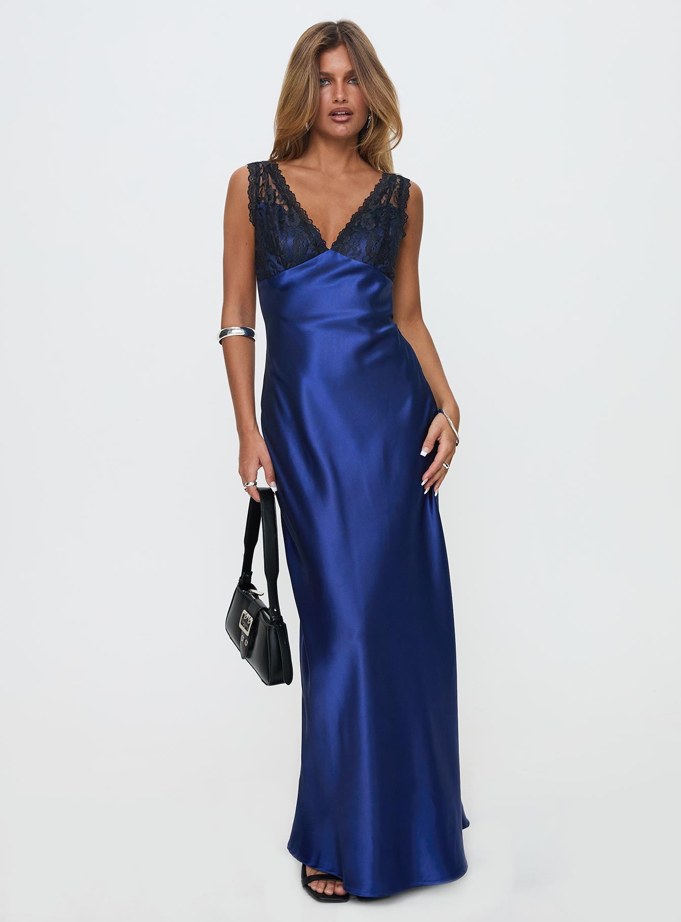 front view of model wearing Princess Polly Voila Lace Maxi Dress Navy / Black V-Neck 