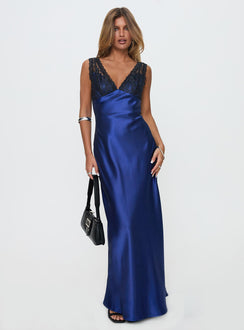 front view of model wearing Princess Polly Voila Lace Maxi Dress Navy / Black V-Neck 