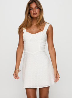 front view of model wearing Princess Polly Sweet Secrets Broderie Mini Dress White Sweetheart Neckline 