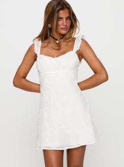 front view of model wearing Princess Polly Beacall Embroidered Mini Dress White V-Neck 
