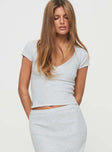 grey knit top V-neckline, cap sleeves, splits at sides