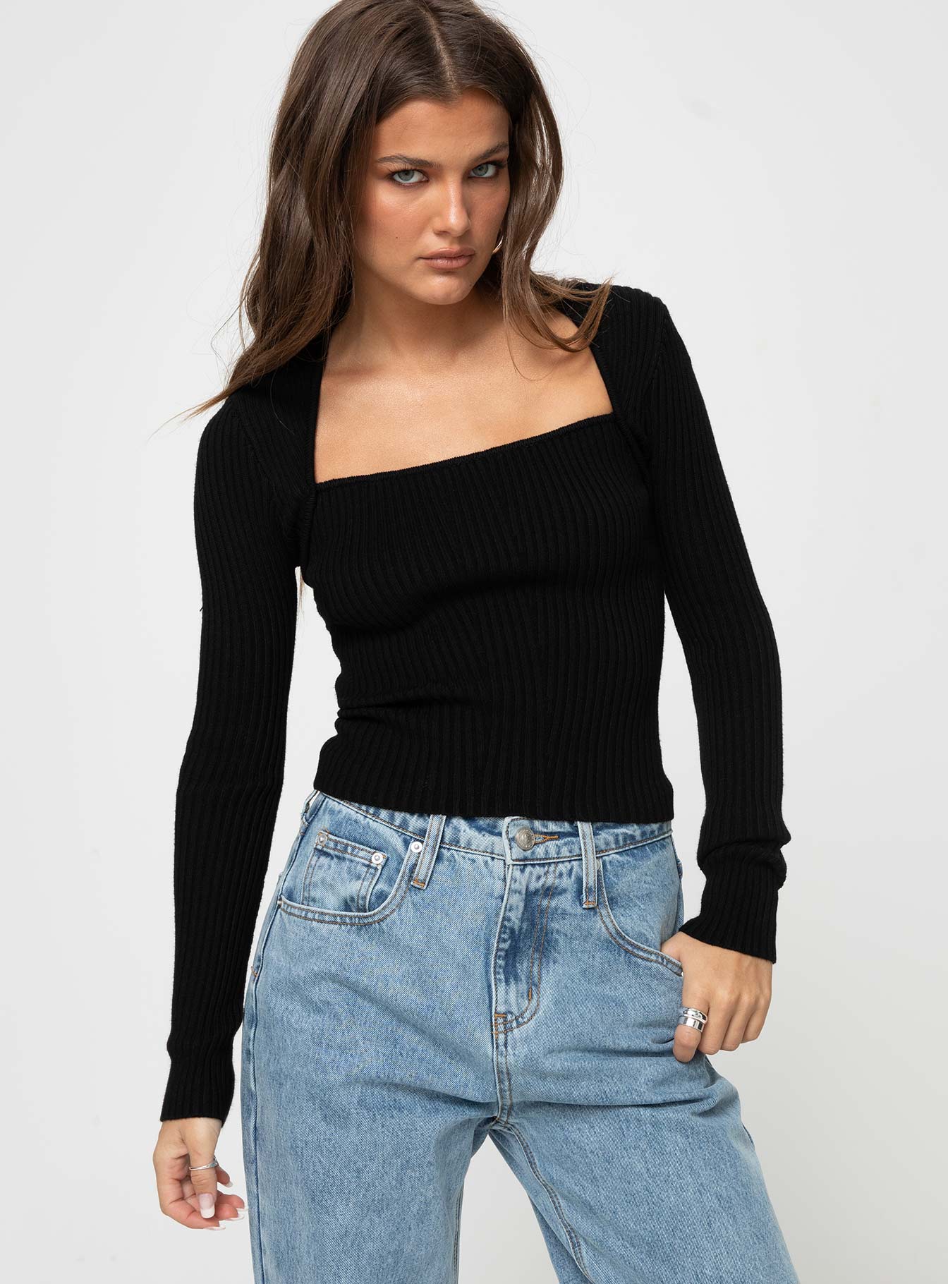 Gleeson Square Neck Long Sleeve Top Black