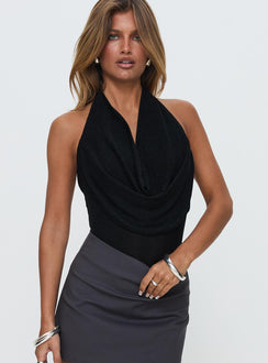 front view of model wearing Princess Polly Feel The Rush Plunge Neck Bodysuit Black Sleeveless 