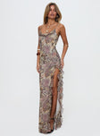 side view of model wearing Princess Polly Sympathize Frill Maxi Split Dress Multi Scoop Neck 