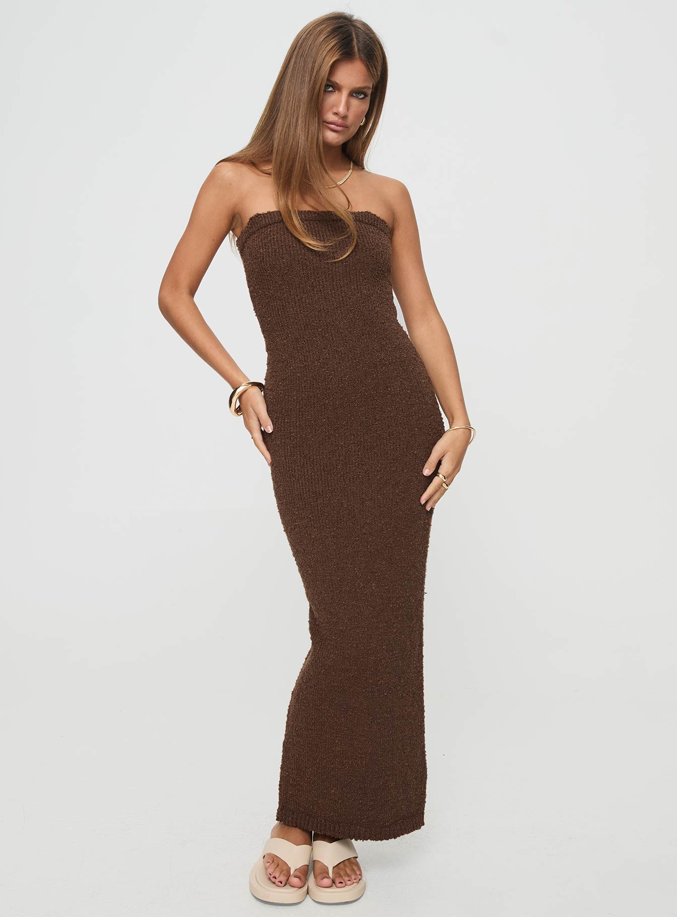 front view of model wearing Princess Polly Cloud Strapless Boucle Maxi Dress Chocolate Straight Neck 