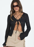 Front view of model wearing  front Princess Polly Full Sleeves Scoop Neck  Nucci Lace Long Sleeve Top Black