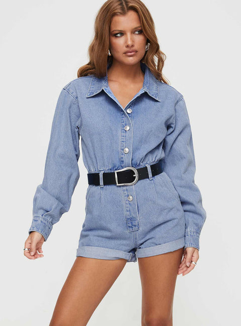 Denim romper Classic collar, button fastening, four pocket design, belt loops at waist