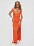 front view of model wearing Princess Polly Lysandre Crochet Maxi Dress Orange Plunger 