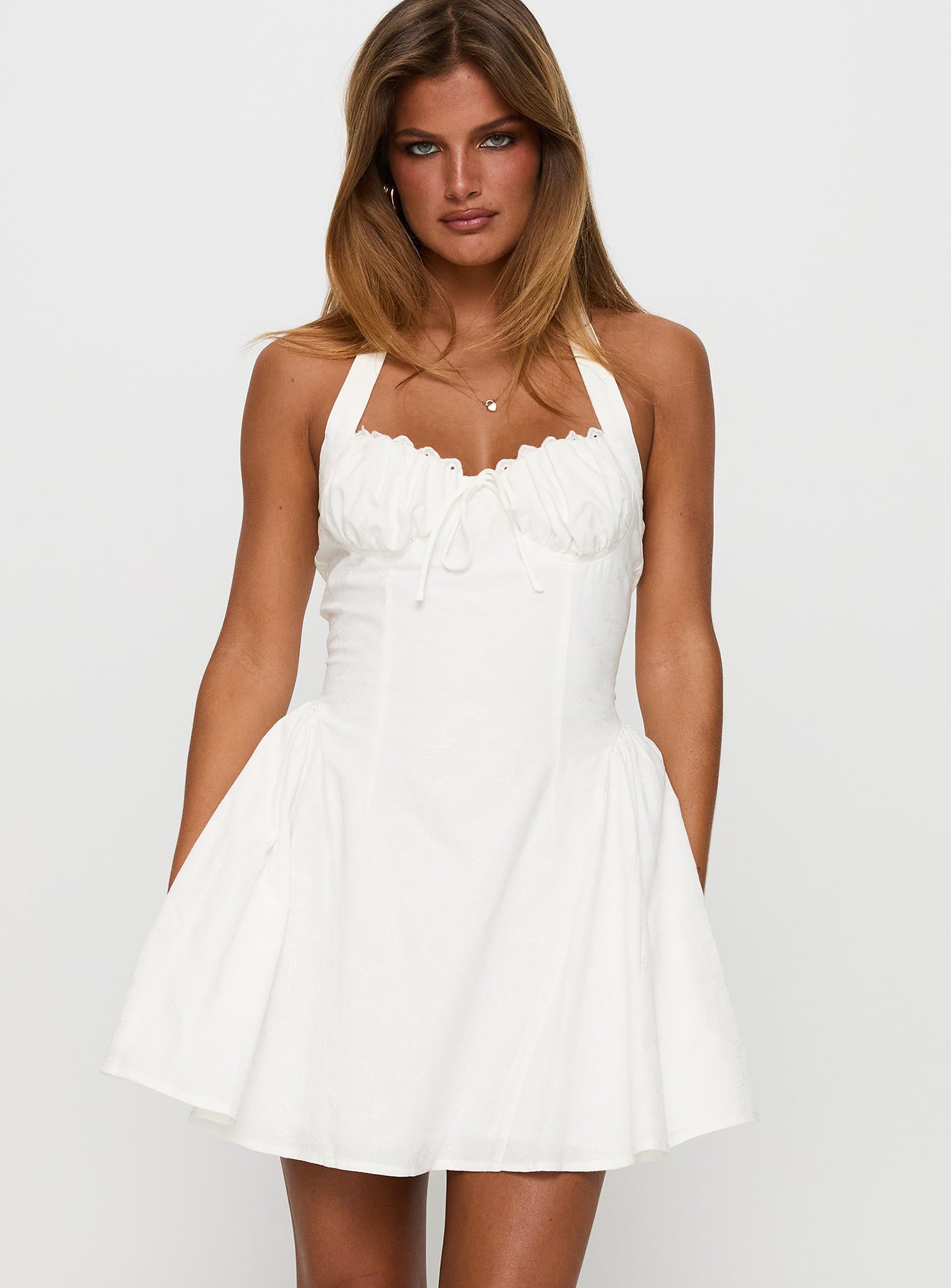 front view of model wearing Princess Polly Sweet Words Halter Mini Dress White Sweetheart Neckline 