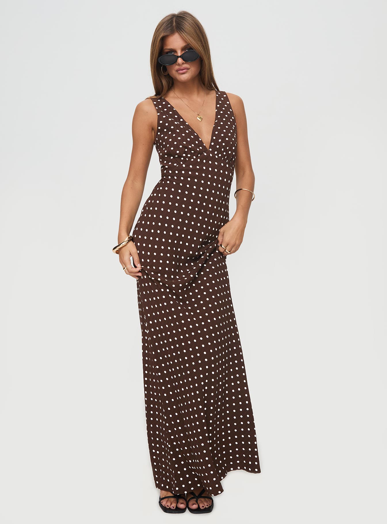 Nellie Maxi Dress Brown Polka Dot | Princess Polly Nellie Maxi Dress Brown Polka Dot | Princess Polly