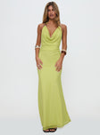 front view of model wearing Princess Polly Rhaenyra Halter Maxi Dress Green Plunger 