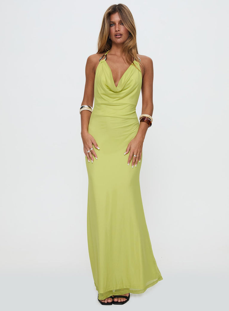 front view of model wearing Princess Polly Rhaenyra Halter Maxi Dress Green Plunger 