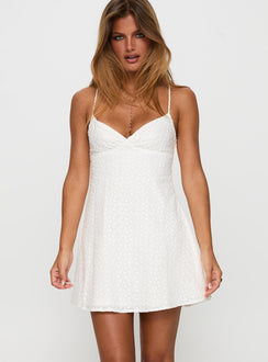 side view of model wearing Princess Polly Dearly Embroidered Mini Dress White Plunger 