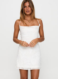 front view of model wearing Princess Polly Celena Burnout Mini Dress White / Floral Cowl Neck 