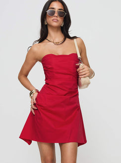 front view of model wearing Princess Polly Bradwell Strapless Mini Dress Red Sweetheart Neckline 