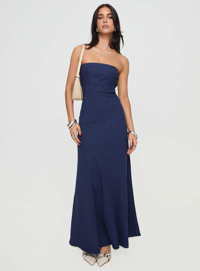 front view of model wearing Princess Polly Yahir Strapless Maxi Dress Navy Petite Straight Neck 