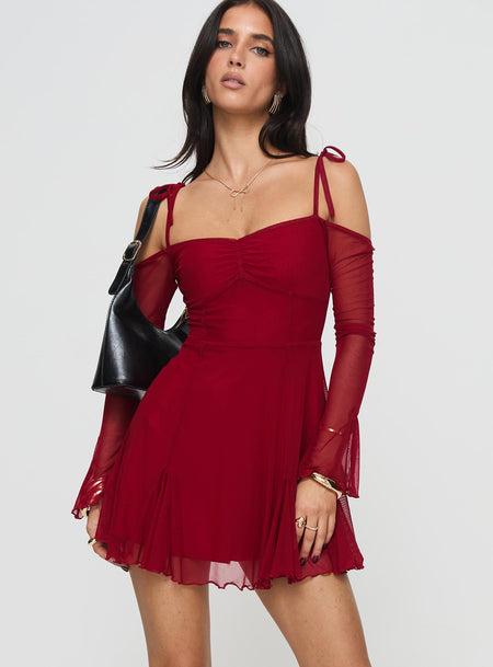 Off the shoulder mini dress Mesh material, tie fastening straps, semi-detached long sleeves, pleated hem Good stretch, lined bust
