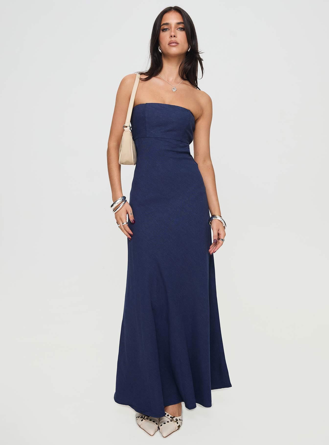front view of model wearing Princess Polly Yahir Strapless Maxi Dress Navy Straight Neck 