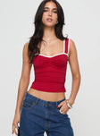 front view of model wearing Princess Polly Last Words Top Red Sleeveless Sweetheart 