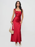 front view of model wearing Princess Polly Radioactive Bias Cut Maxi Dress Red Square Neck 