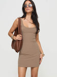 front view of model wearing Princess Polly Montwood Mini Dress Beige Scoop Neck 