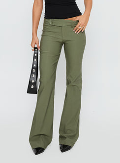 back view of model wearing Princess Polly Kinkirk Flared Pants Olive Green Low Rise Pants 