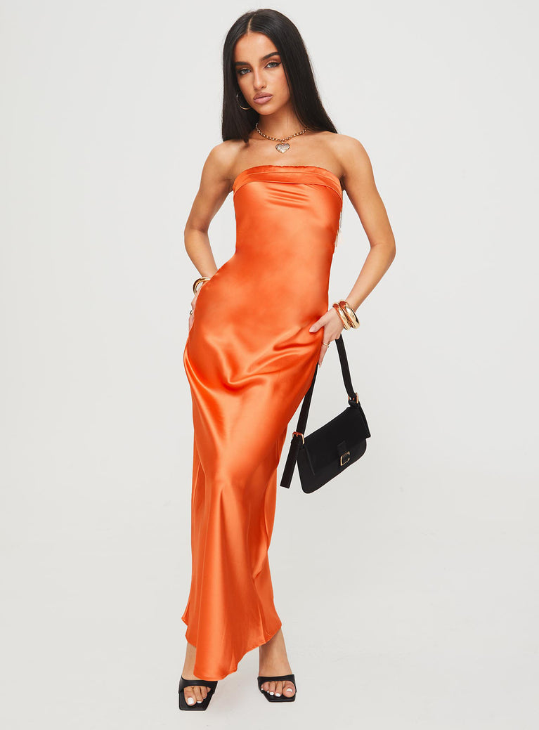 side view of model wearing Princess Polly Citrus Kiss Strapless Maxi Dress Orange Straight Neck 