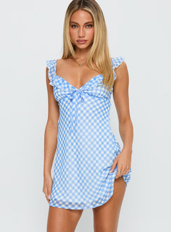 front view of model wearing Princess Polly Marseilla Mini Dress Blue Check Sweetheart Neckline 
