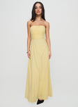 front view of model wearing Princess Polly Anamaria Strapless Maxi Dress Lemon Straight Neck 