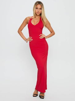 front view of model wearing Princess Polly Spicy Maxi Dress Red Plunger 