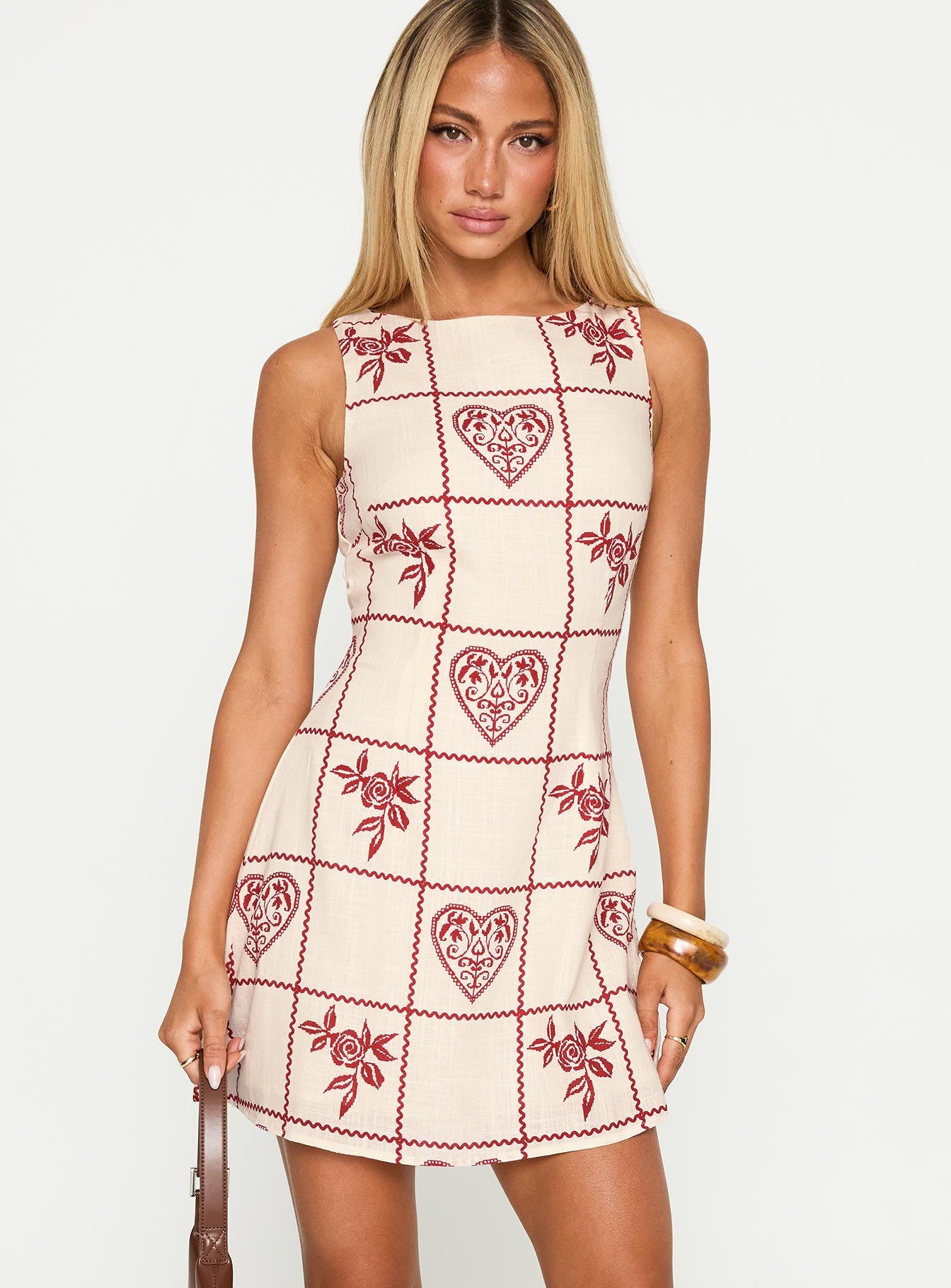 front view of model wearing Princess Polly Alfalfa Shift Mini Dress Red Floral Check Crew Neck 