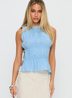 front view of model wearing Princess Polly Read My Soul Bead Detail Top Blue Sleeveless Crew Neck 