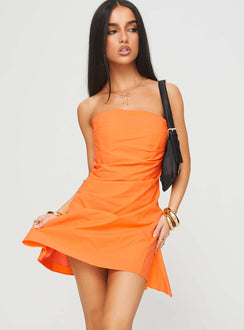 front view of model wearing Princess Polly Bradwell Strapless Mini Dress Orange Straight Neck 