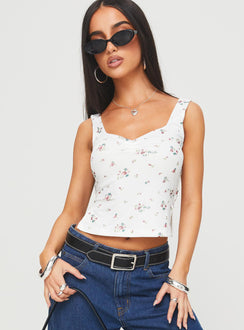 front view of model wearing Princess Polly Rehna Top White Floral Sleeveless V-Neck 