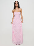 front view of model wearing Princess Polly South Of France Maxi Dress Pink Petite Square Neck 