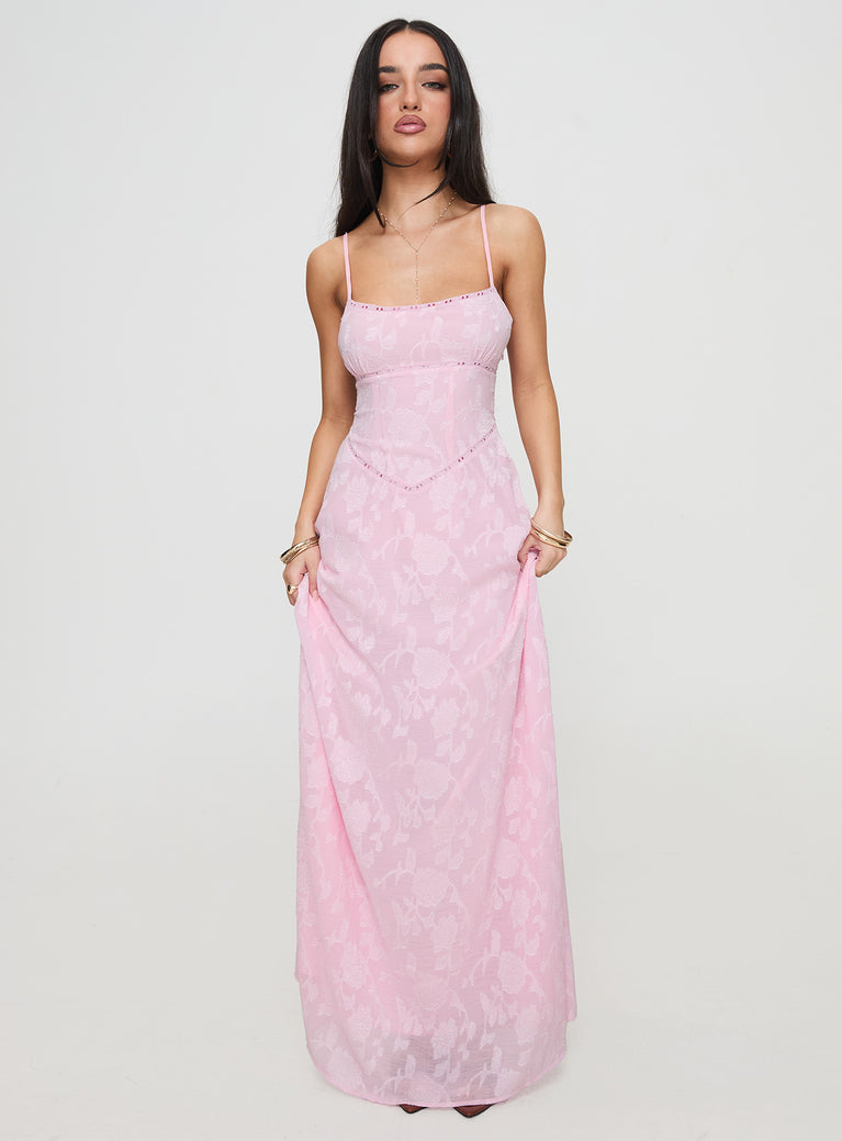 front view of model wearing Princess Polly South Of France Maxi Dress Pink Petite Square Neck 