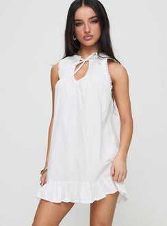 side view of model wearing Princess Polly Lalita Mini Dress White Crew Neck 