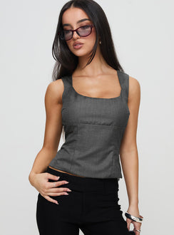 front view of model wearing Princess Polly Desni Top Grey Sleeveless Scoop Neck 