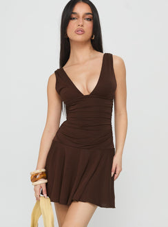 Poseur Plunge Mini Dress Chocolate