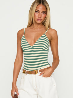 front view of model wearing Princess Polly Like A Daydream Bodysuit Green / Cream Sleeveless 