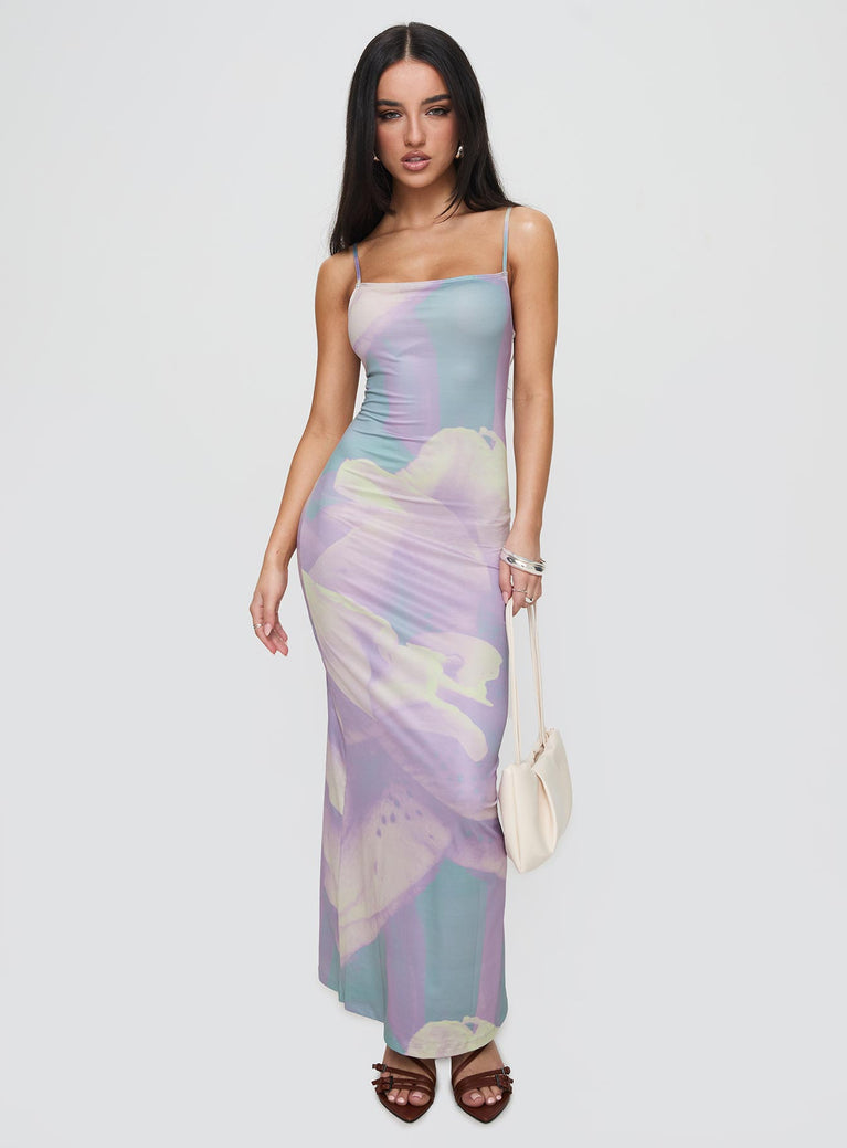 front view of model wearing Princess Polly Norila Maxi Dress Slinky Orchid Petals Lilac Square Neck 