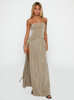front view of model wearing Princess Polly Inka Strapless Maxi Dress Taupe Straight Neck 