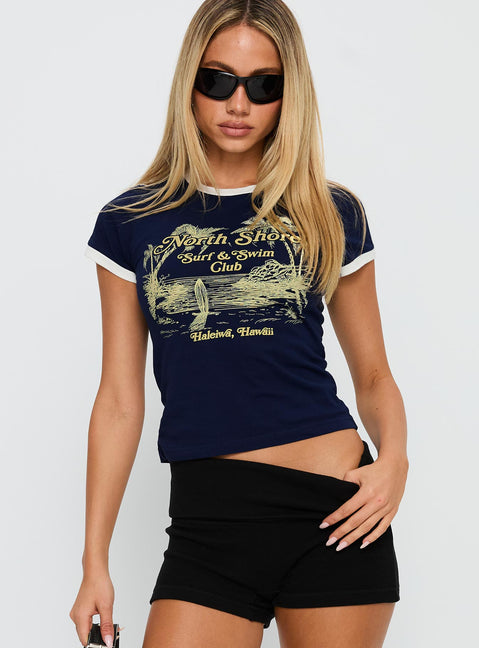 front view of model wearing Princess Polly North Shore Graphic Top Blue Short Sleeves Crew Neck 