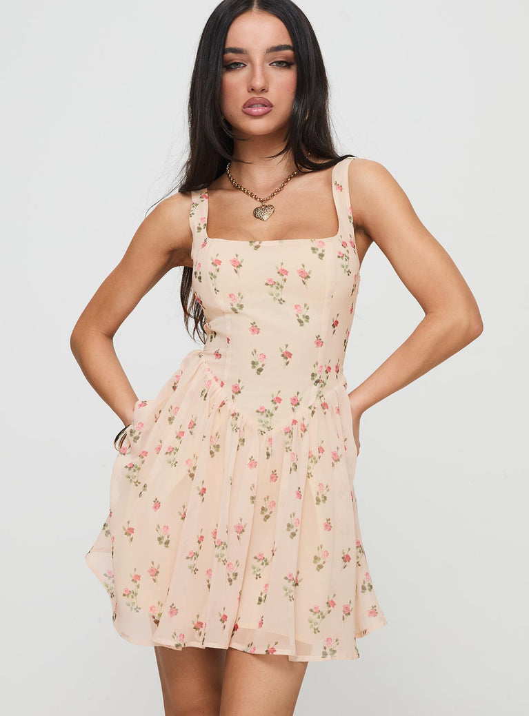 Straplie Mini Dress Cream Floral