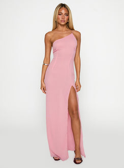 front view of model wearing Princess Polly Kiss Of Life Chiffon Maxi Dress Pink Asymmetric Neckline 