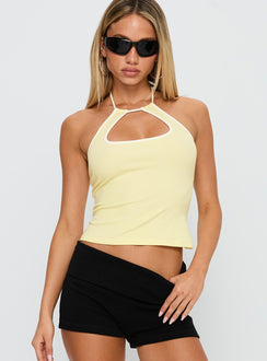 front view of model wearing Princess Polly Intellect Top Yellow / White Sleeveless Crew Neck 