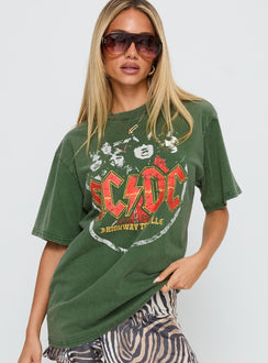 front view of model wearing Princess Polly Acdc Vintage Oversized Graphic Top Green Half Sleeves Crew Neck 