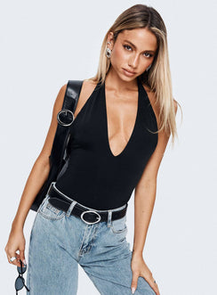 front view of model wearing Princess Polly Kendrae Plunge Halter Bodysuit Black Sleeveless 