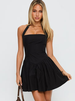 front view of model wearing Princess Polly Starwoman Halter Mini Dress Black Square Neck 